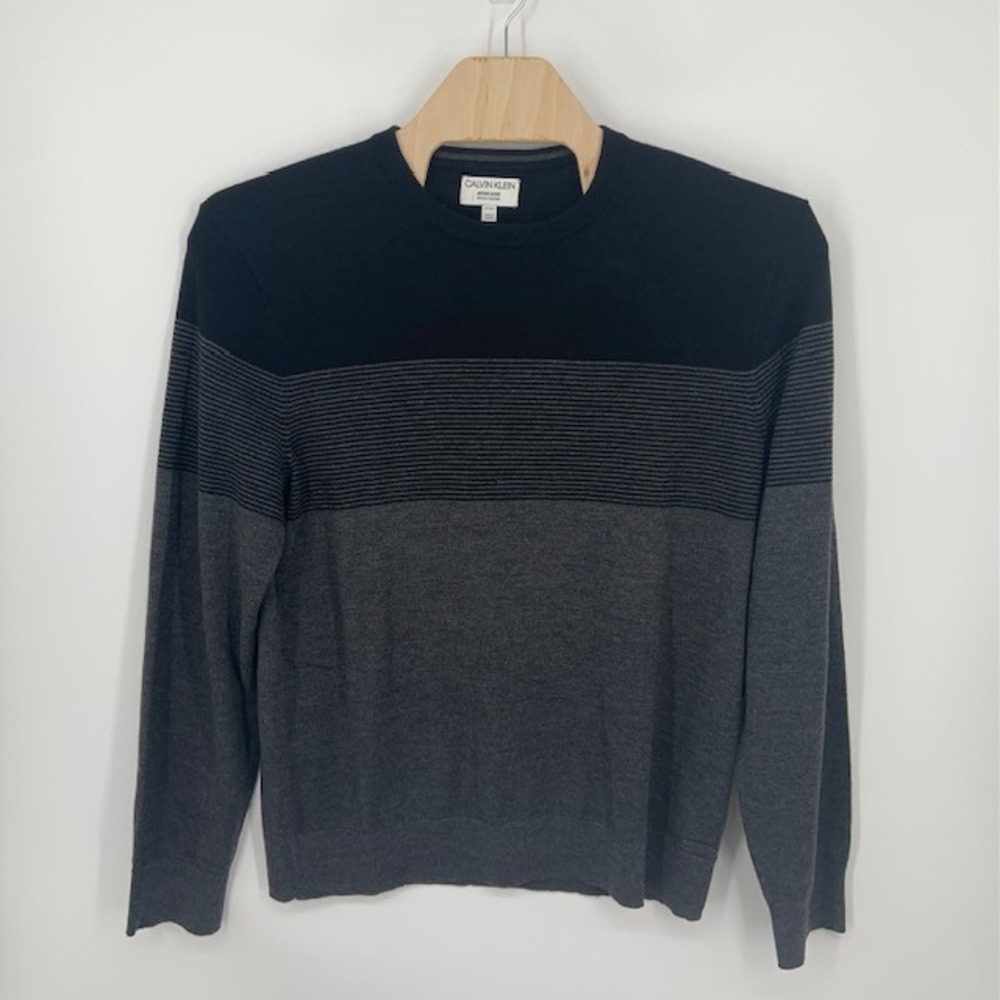 Calvin Klein Merino Wool Blend Sweater XL Gray Black Stripe Preppy Quiet Luxury